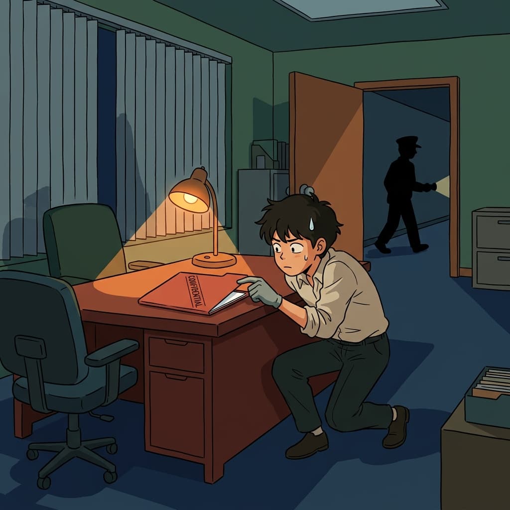 The intern took a surreptitious glance at the confidential file on the boss's desk.