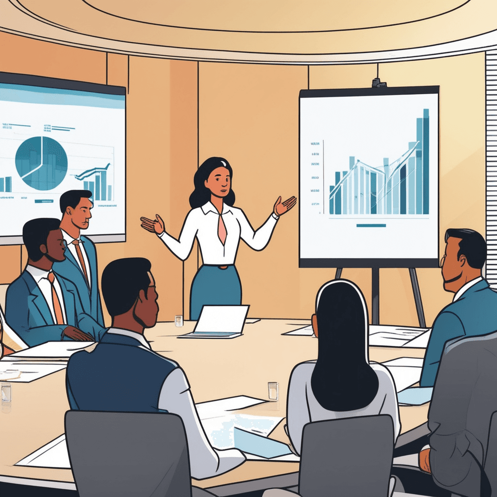 a professional woman stands confidently at the head of a conference table presenting to executives. She gestures toward charts and graphs while speaking on behalf of her absent boss. The original presenter is clearly missing from the usual head chair which sits empty. Her nameplate shows she is the assistant while she delivers the CEO's planned presentation. The seated executives listen attentively and take notes as she represents her superior's interests. Other meeting participants nod and engage with her as if she were the actual decision-maker. a person who acts or serves in place of another