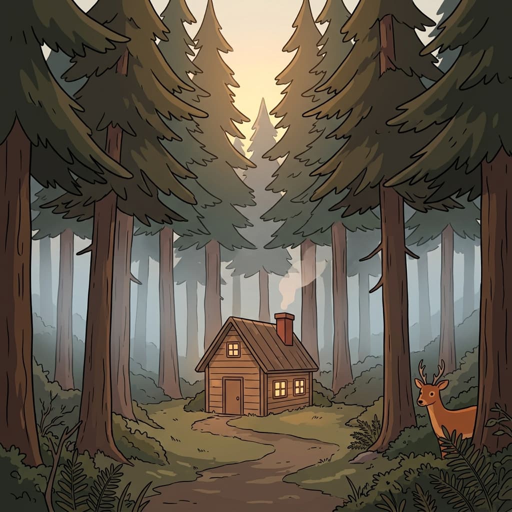 Tall pine trees are surrounding the little cabin on all sides.