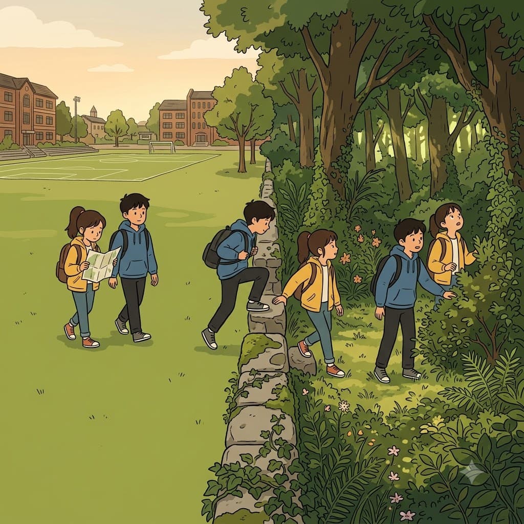 Exploring the school grounds and crossing the familiar bounds, the curious children entered a mysterious garden surrounding an old stone pathway.