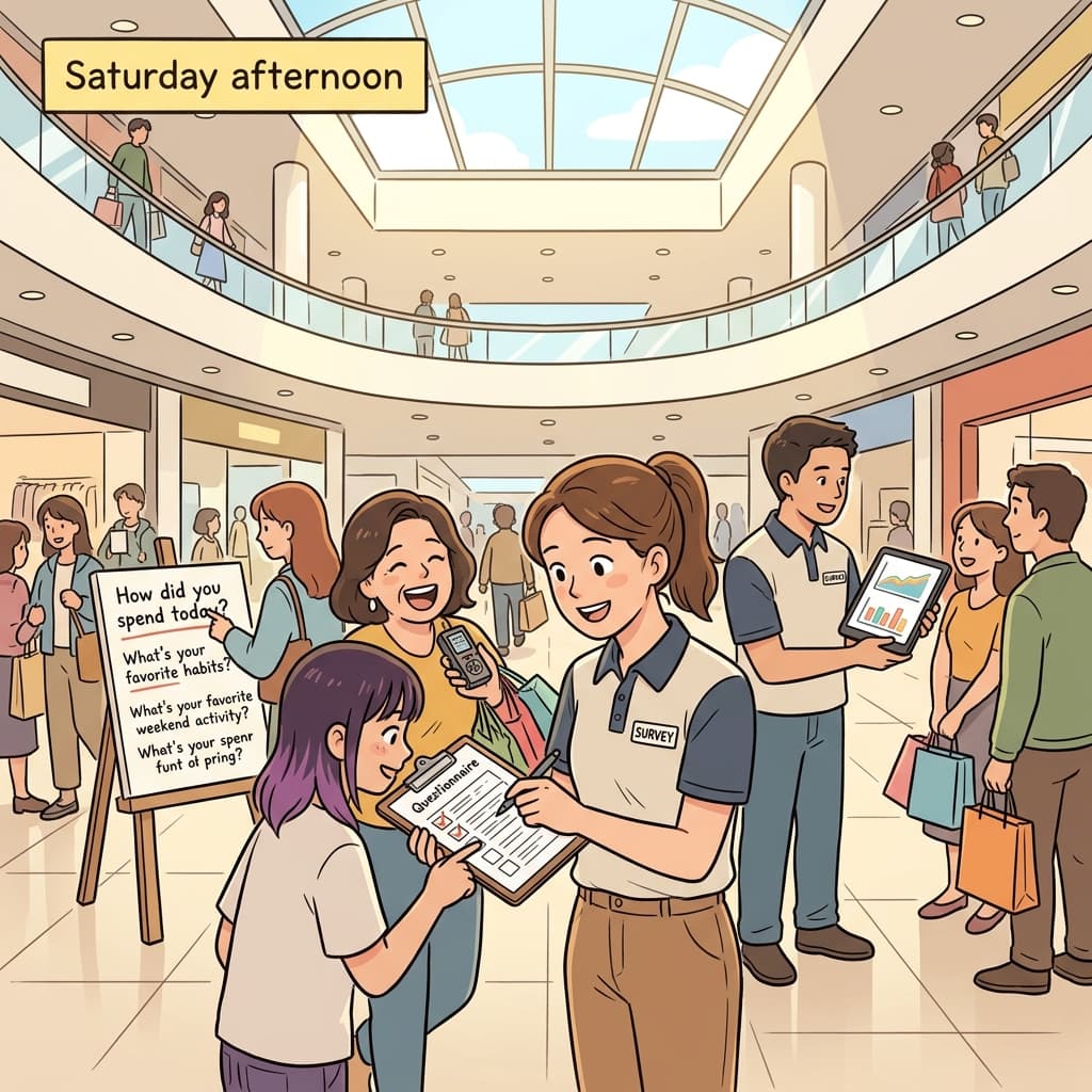 Researchers survey shoppers at the mall about their weekend habits.
