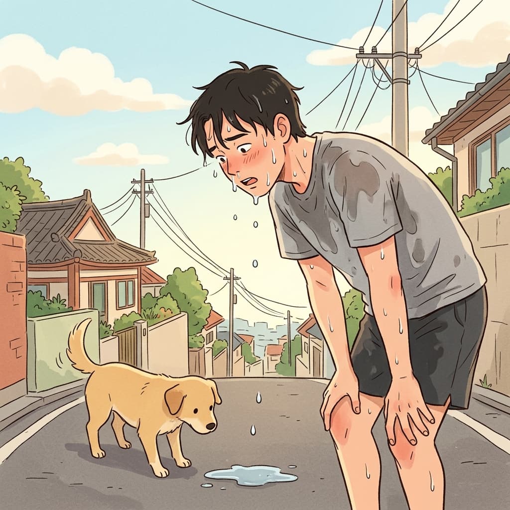 After sprinting up the hill, he wipes the sweat pouring down his face.