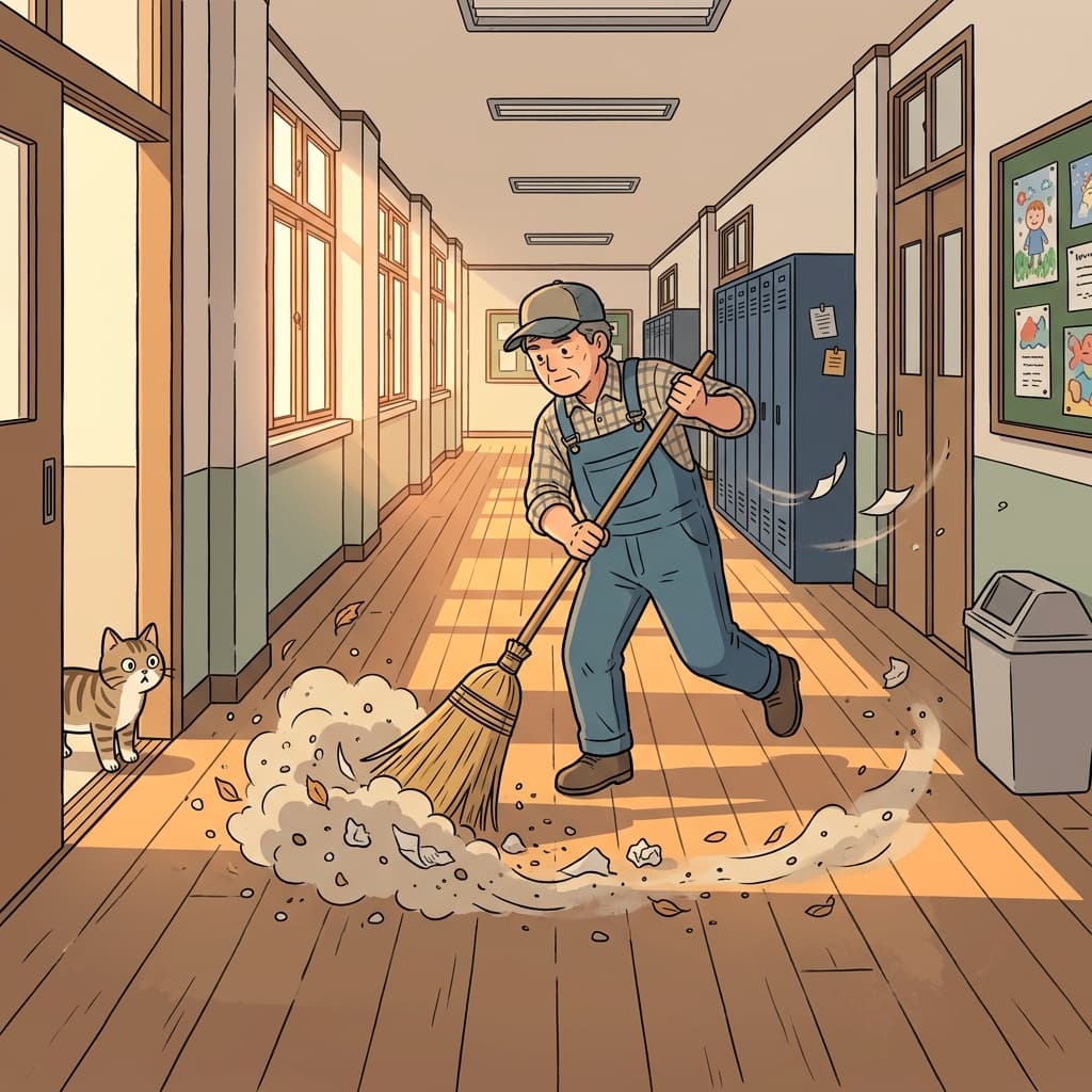 The janitor uses a wide broom to sweep dust across the empty hallway.
