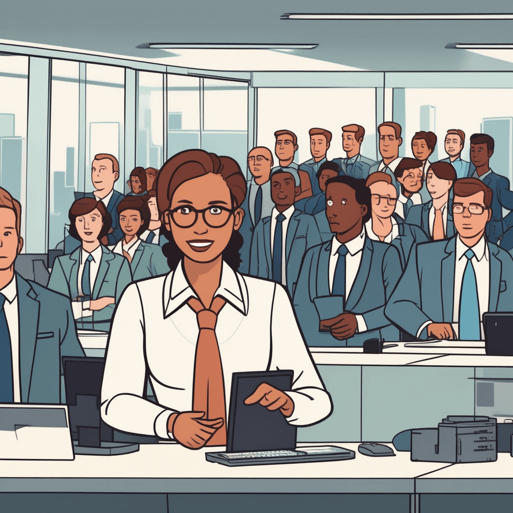 a determined manager stands with arms spread wide, directing multiple teams simultaneously across different departments. She points toward various sections of the office where changes are happening everywhere at once. Her comprehensive reorganization affects every single workspace, from filing systems to desk arrangements to workflow processes. Workers throughout the entire office space respond by moving furniture, reorganizing files, and adapting to the new systems. Some employees look surprised at how extensive and far-reaching these changes are. sweeping reforms that transform the entire workplace comprehensively and far-reachingly