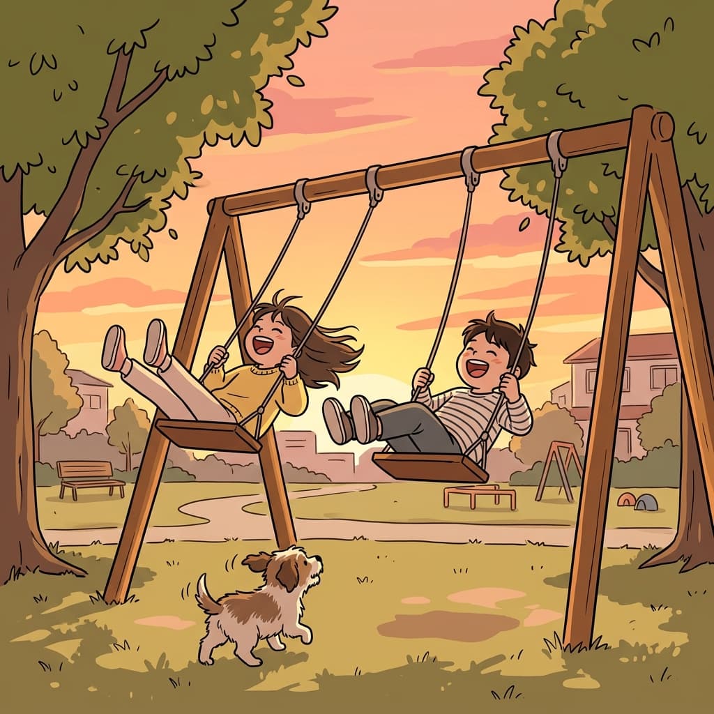 Kids swing higher and higher at the sunset park playground.