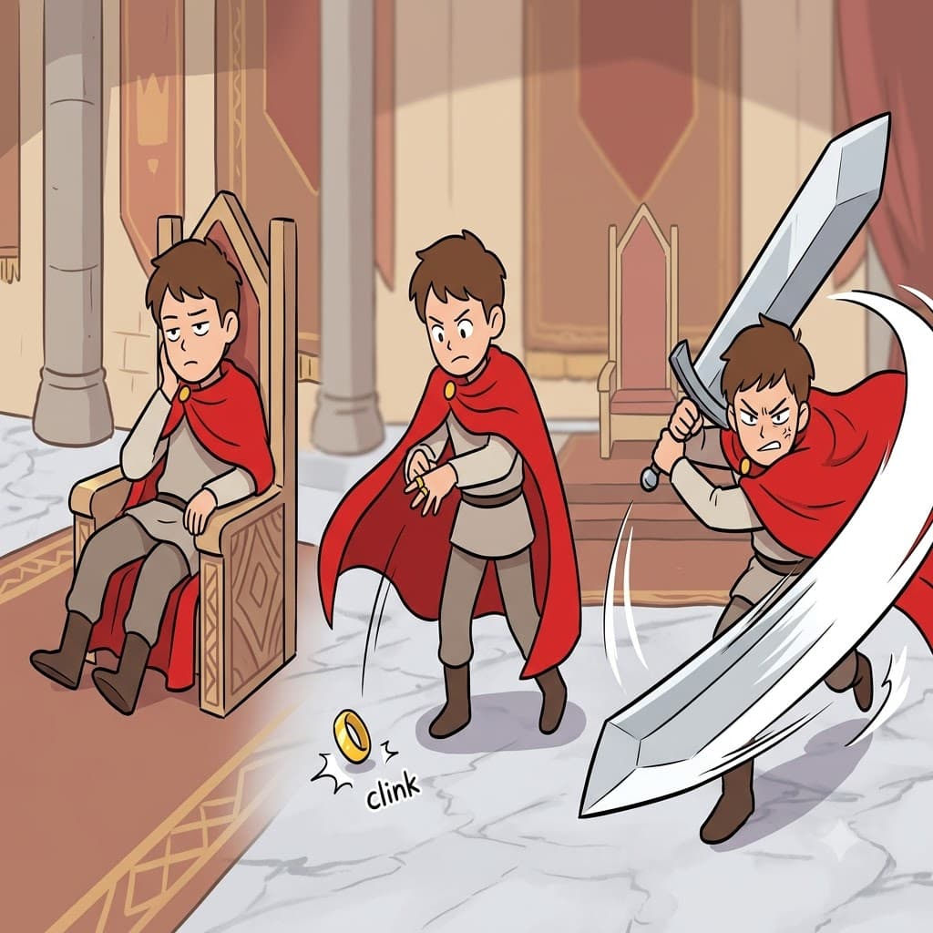 The angry king threw away his golden ring and decided to aggressively swing his heavy sword at the enemy.