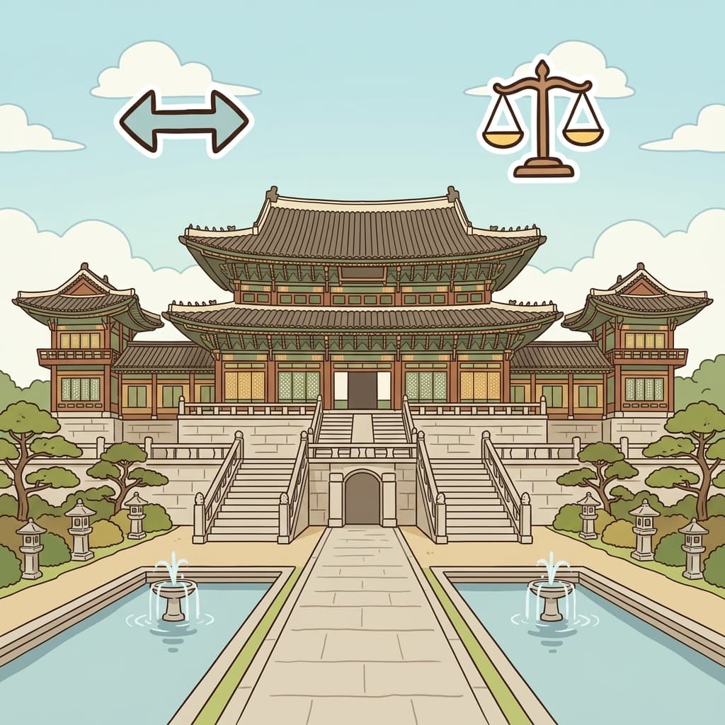 The palace was built symmetrically on both sides. (↔️ Mirror + ⚖️ Balance → Symmetrically)