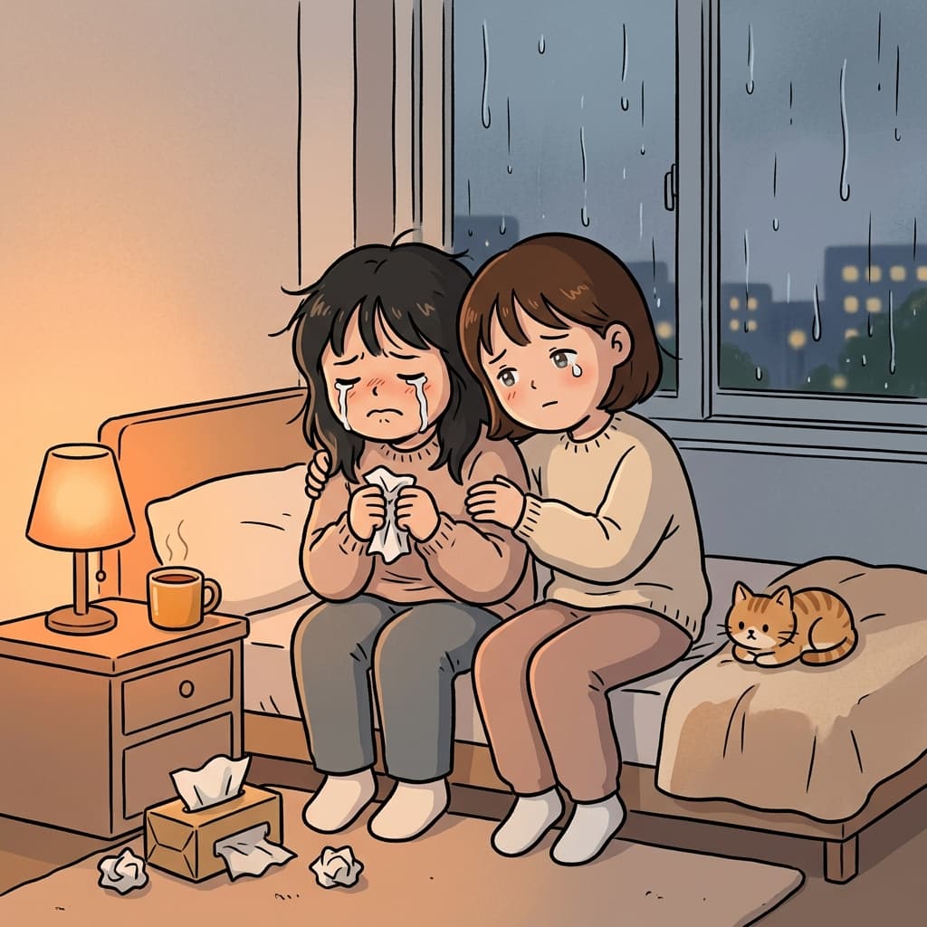 She sits beside her crying friend to sympathize with her heartbreak.