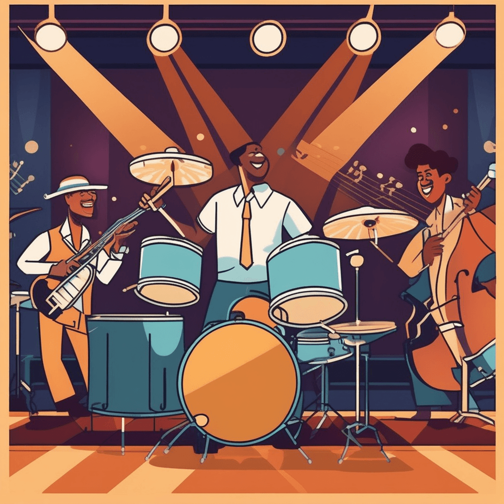a jazz drummer suddenly hits the drums on unexpected beats, creating an off-rhythm pattern that surprises everyone. His drumsticks strike the snare and cymbals at moments when the audience expects silence. The pianist next to him adjusts his playing to match the drummer's unexpected rhythm changes. The bass player in the background follows along, creating a completely new rhythmic feel. Other band members nod and smile as they adapt to the shifted beat pattern. the temporary displacement of the regular metrical accent in music caused by stressing the weak beat