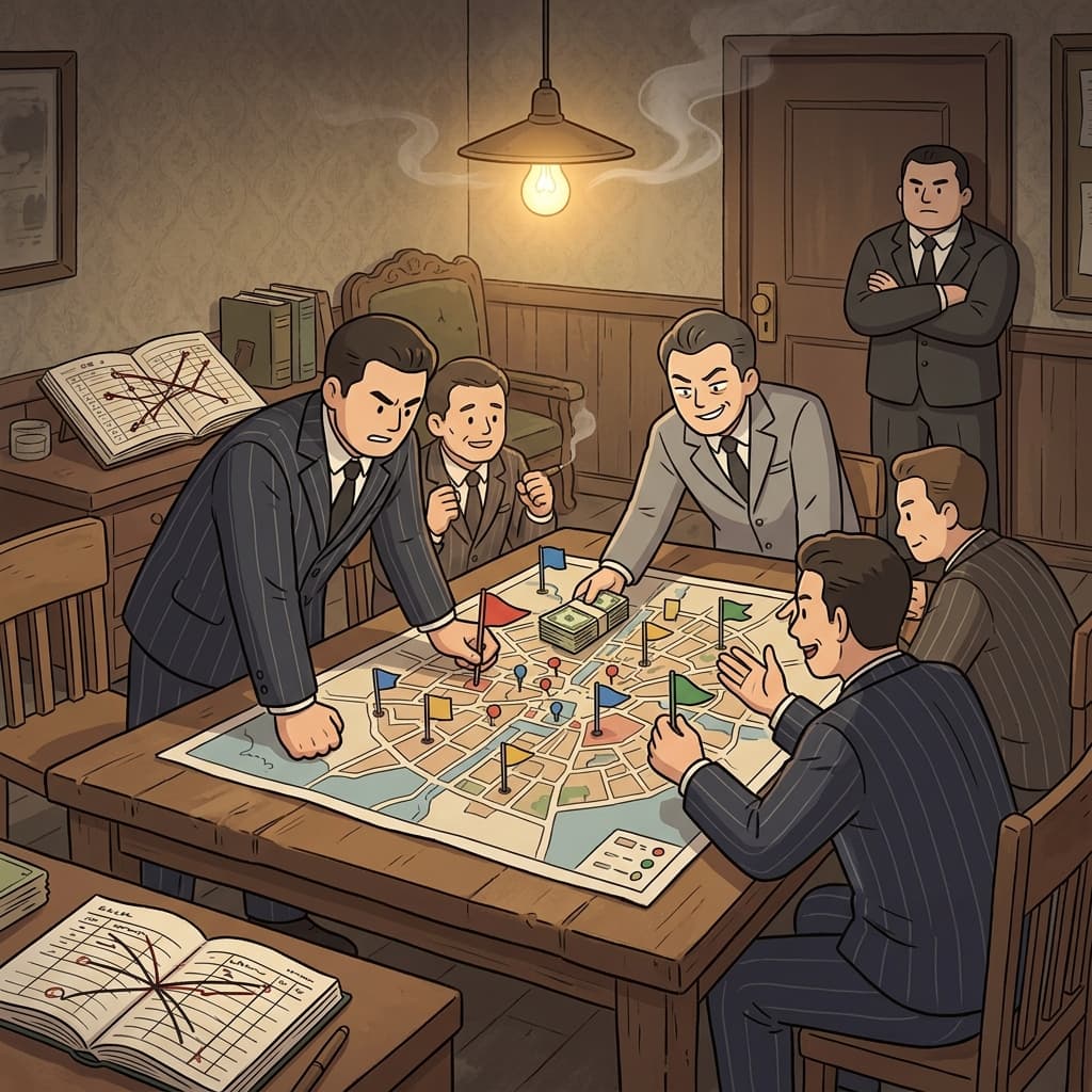 The crime syndicate divides the city's territory over a smoky backroom table.