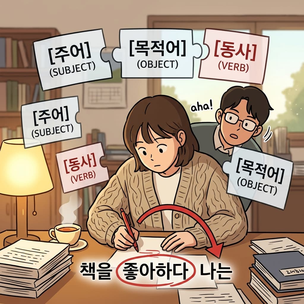 The editor circles a misplaced verb, showing how syntax shapes the sentence's meaning.