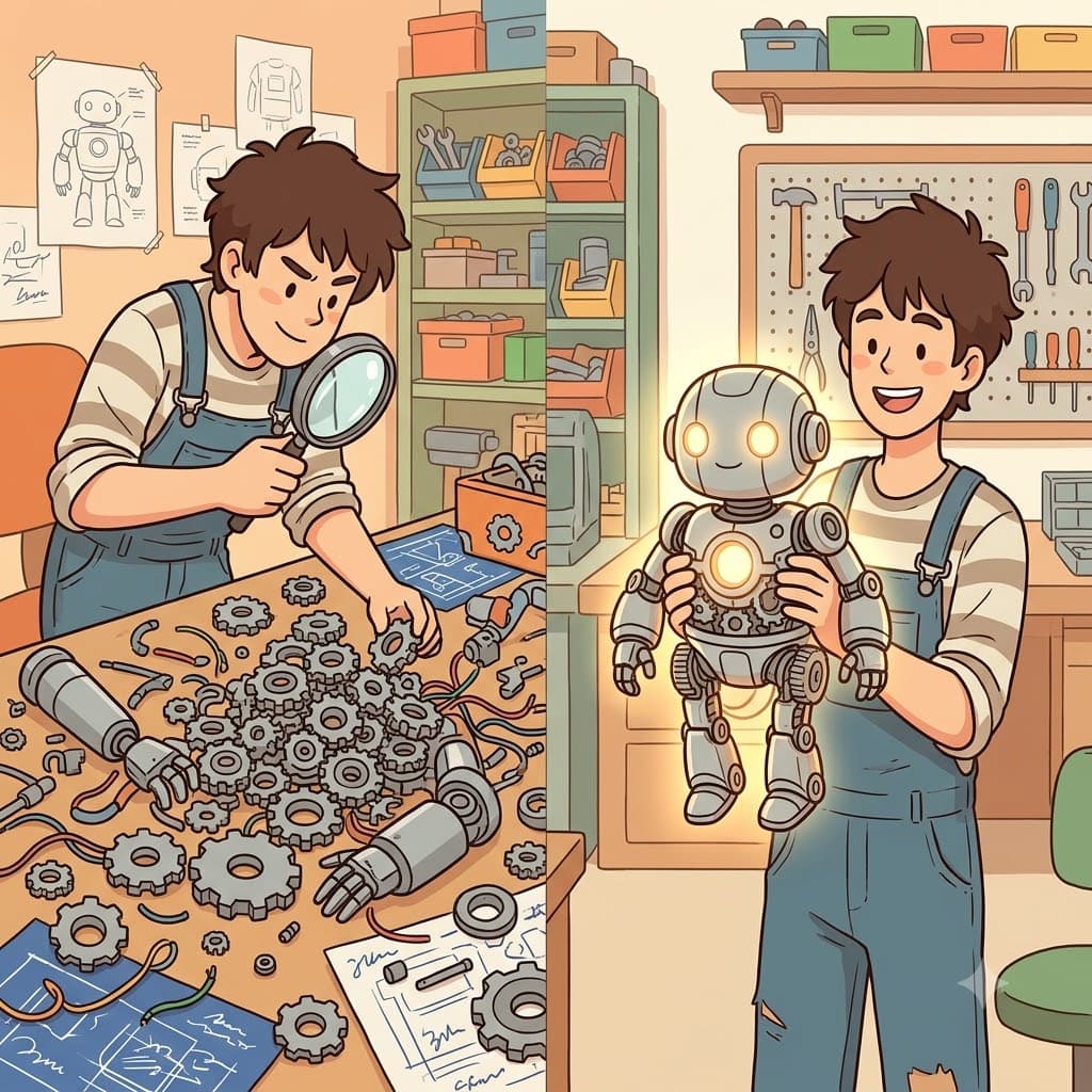 First he had to analyze the scattered parts, and then synthesize them into a perfect robot.