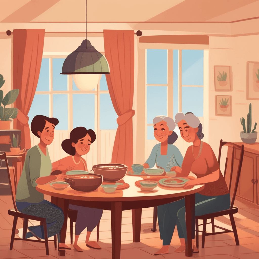 A family gathers around their wooden table for dinner