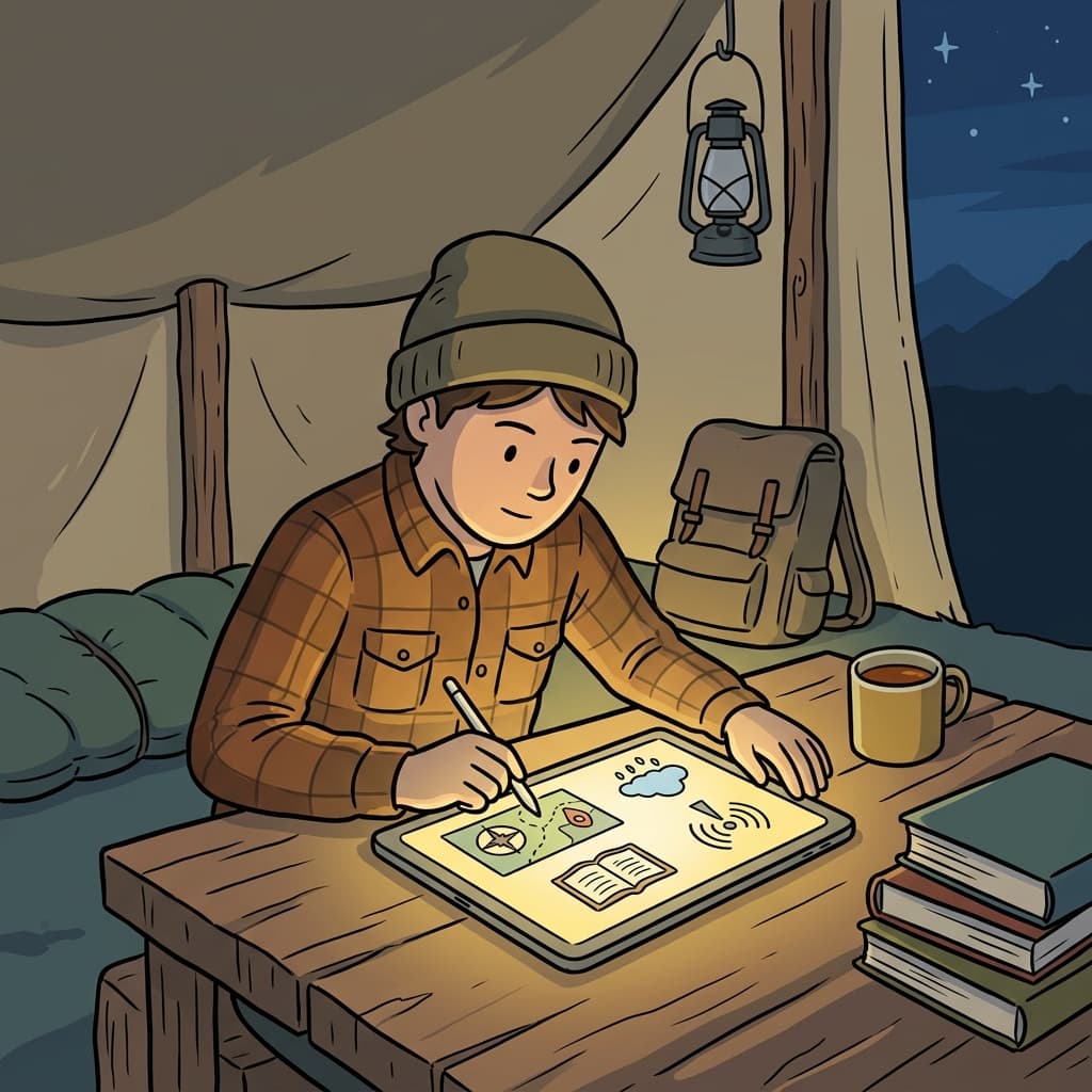 A tablet keeps the map lit and builds a knowledge habit.