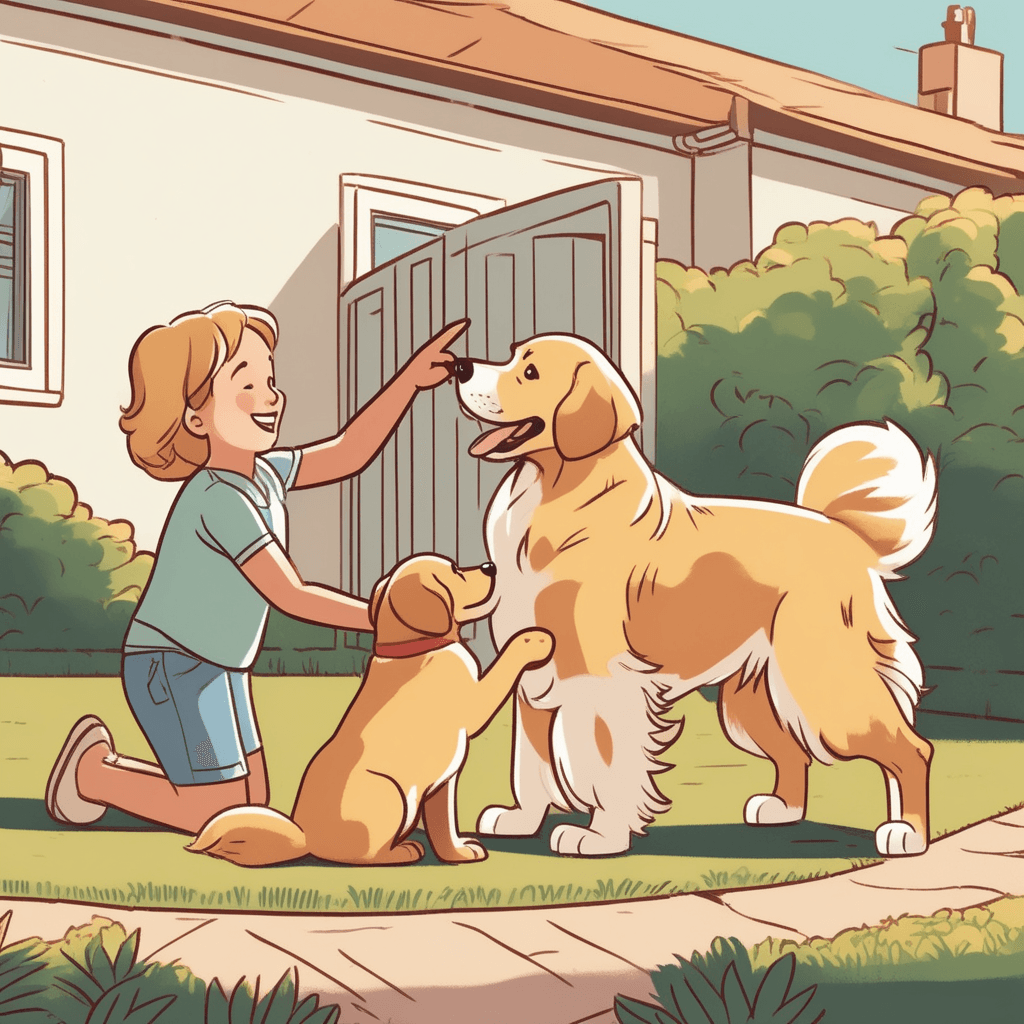 Child touching dog's wagging tail