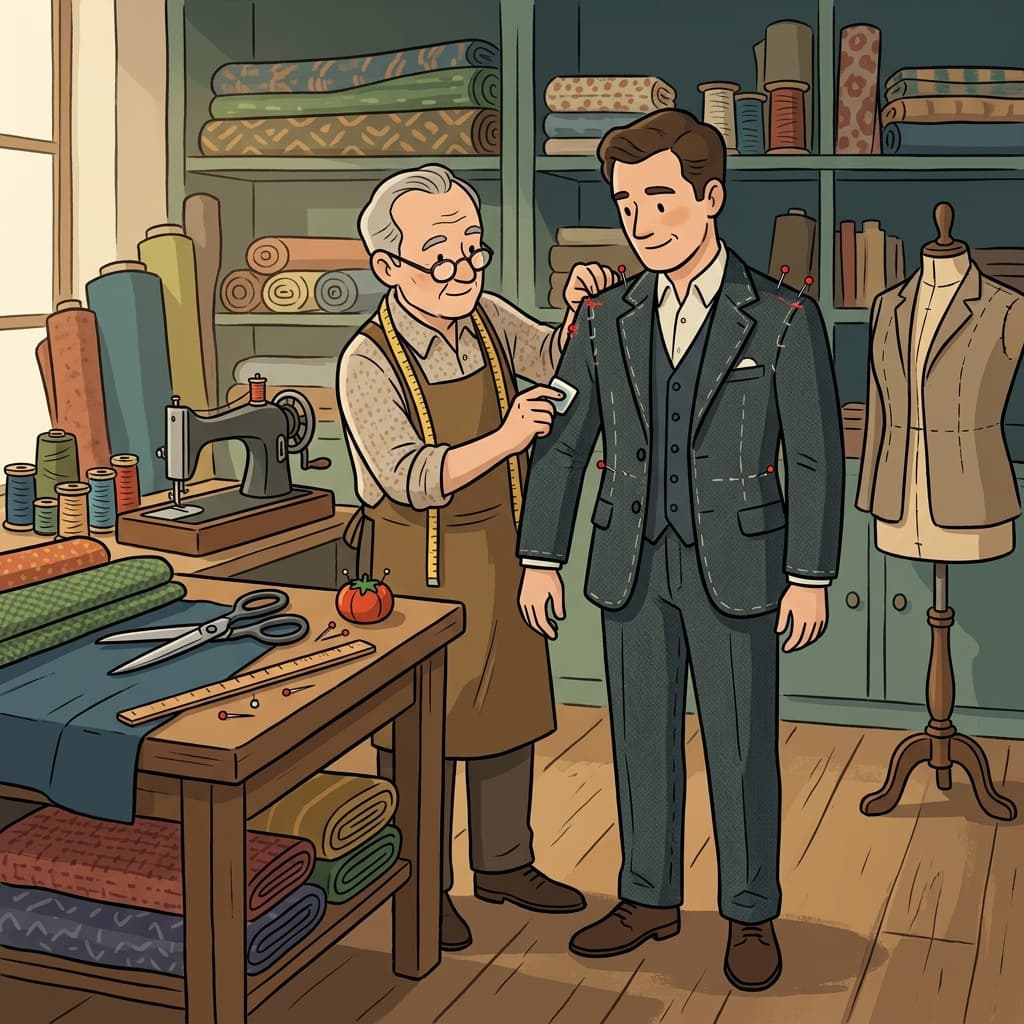 The tailor carefully adjusted the suit for his customer.