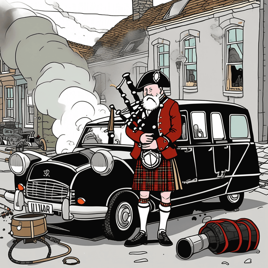 Bagpipe melodies meet the broken tailpipe, while drainpipe echoes the tune!
