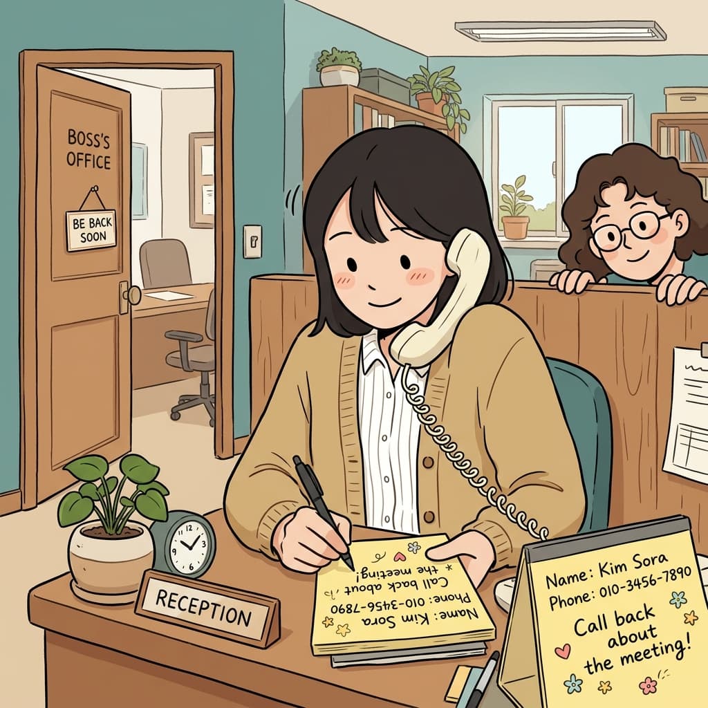 The receptionist offers to take a message when the boss is out.