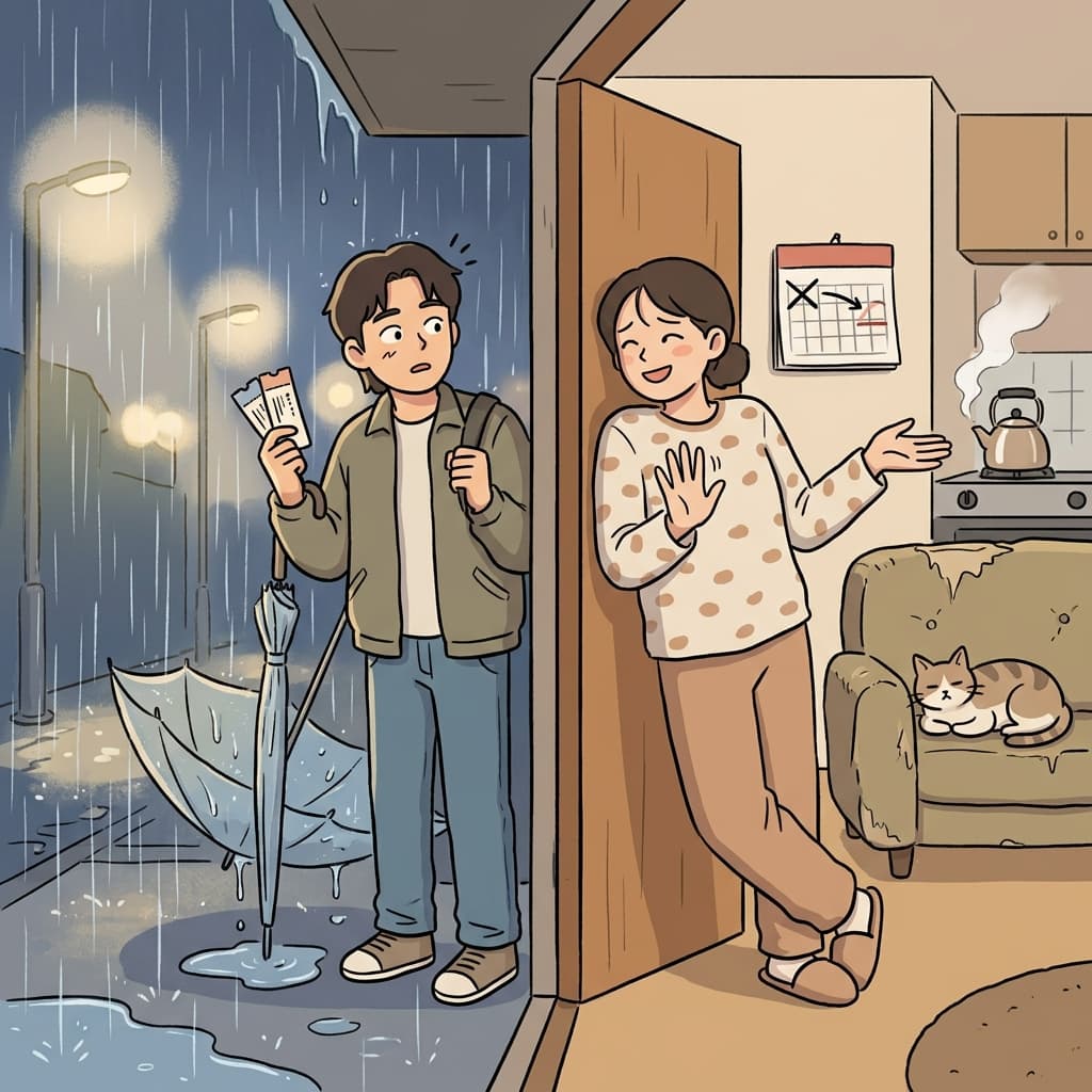 When his friend invites him out, he asks to take a rain check because of the storm.