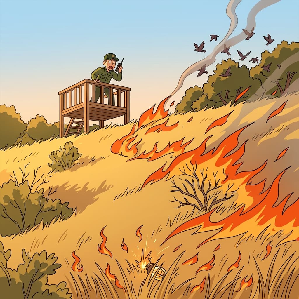 The wildfire began to take hold, sweeping across the dry hillside within minutes.