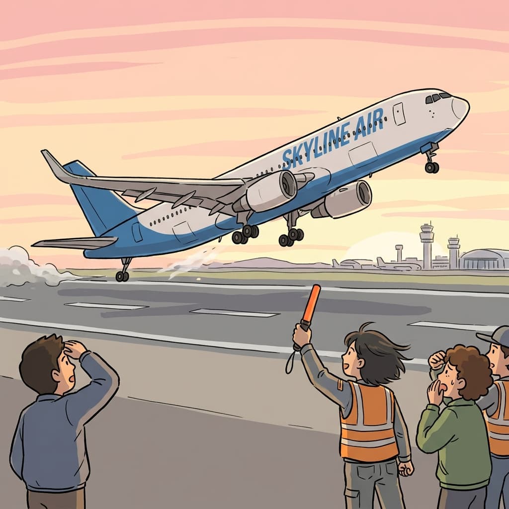 The plane begins to take off, lifting smoothly into the morning sky.