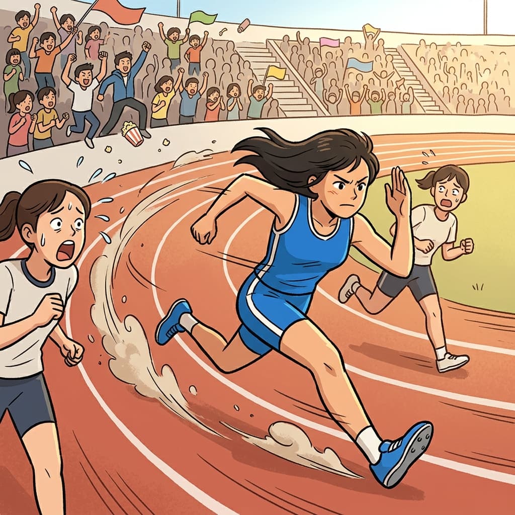 The blue runner surges ahead to take the lead on the final lap.