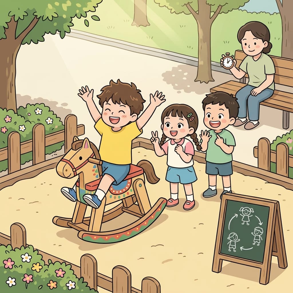 The kids take turns riding the wooden rocking horse at the park.