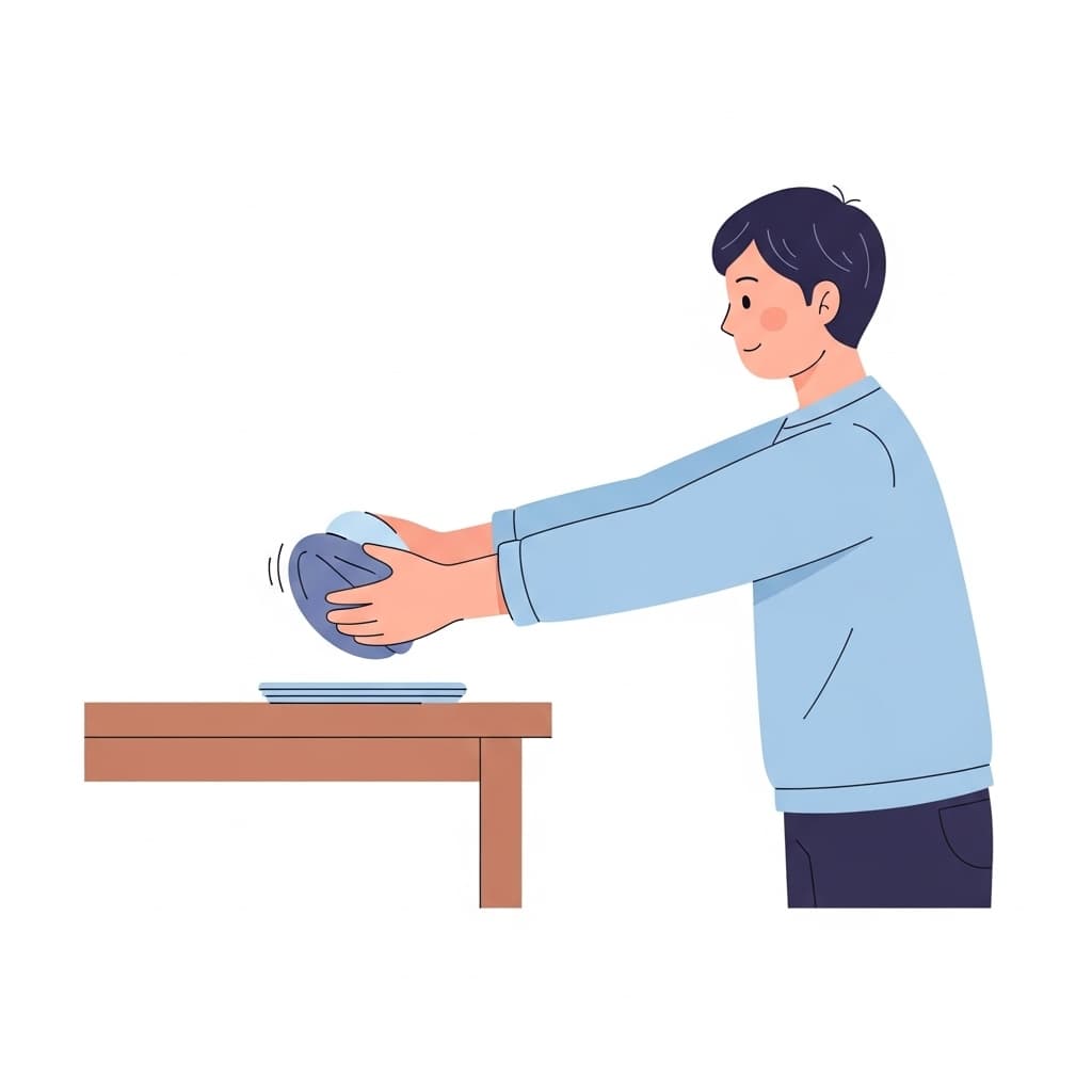 A woman takes a heavy box from the kitchen counter