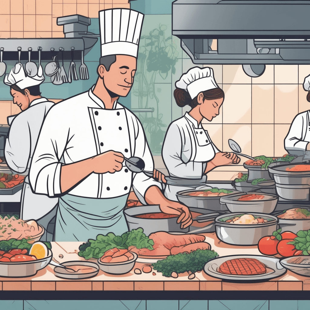 In the center of the frame, a head chef pauses while holding a large spoon, looking at several different ingredients and dishes spread across the counter. She examines fresh vegetables, checks a timer on a bubbling pot, and glances at order tickets hanging nearby. After considering all these elements, she begins adding specific seasonings to match the cooking time and customer requests. Her sous chef watches as she adjusts the recipe based on what she observed. someone considering multiple factors when making a decision