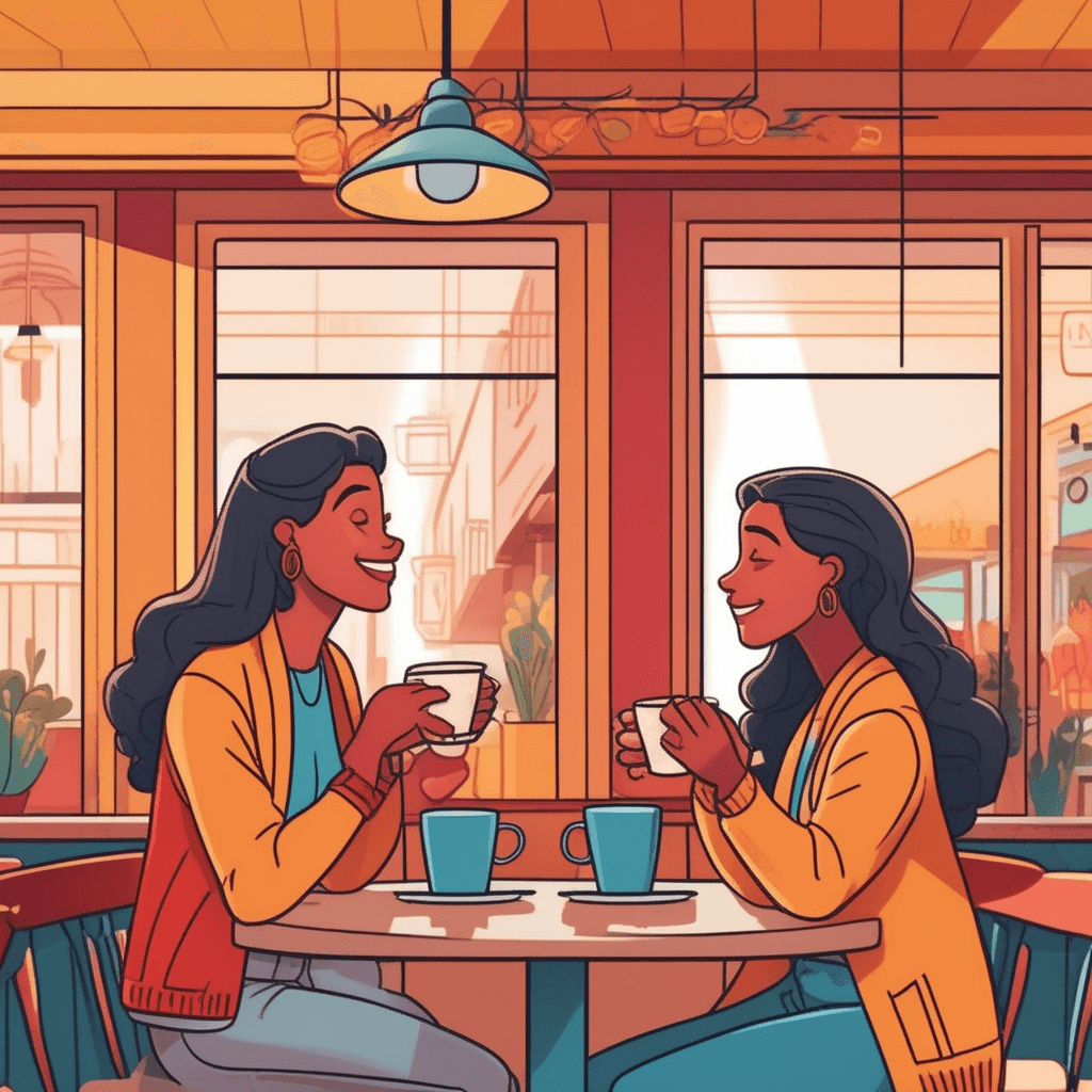 Two friends talking animatedly over coffee in a cozy cafe