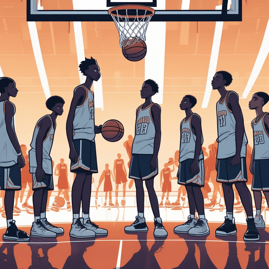 A tall basketball player towers over his shorter teammate