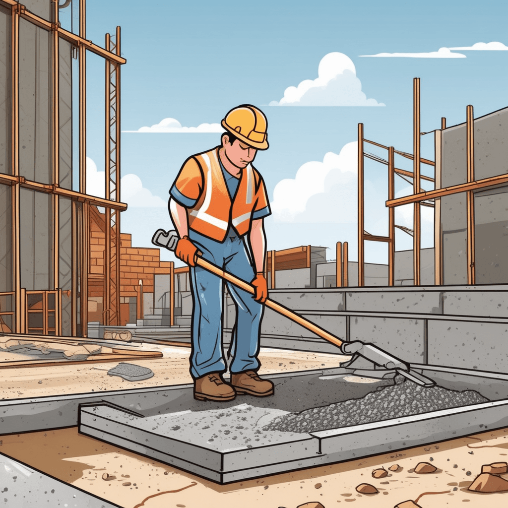 a construction worker holds a heavy metal tamping tool and repeatedly strikes the wet concrete with firm downward motions. Each impact from the tool compresses the concrete mixture and eliminates air bubbles beneath the surface. The concrete becomes smoother and more compact with each strike as excess water rises to the top. A second worker nearby smooths other sections while observing the tamping process. the concrete being pressed down and packed tightly by tapping and hitting repeatedly