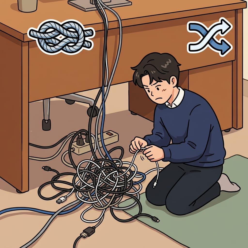 The charging cables got tangled up under the desk. (🪢 Twisted + 🔀 Together → Tangle up)