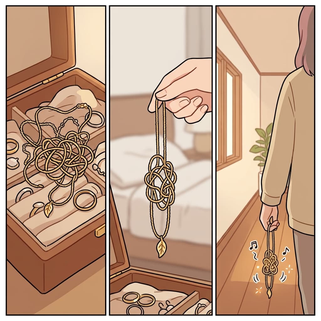 The necklace got tangled up, then dangled and jangled as she walked.