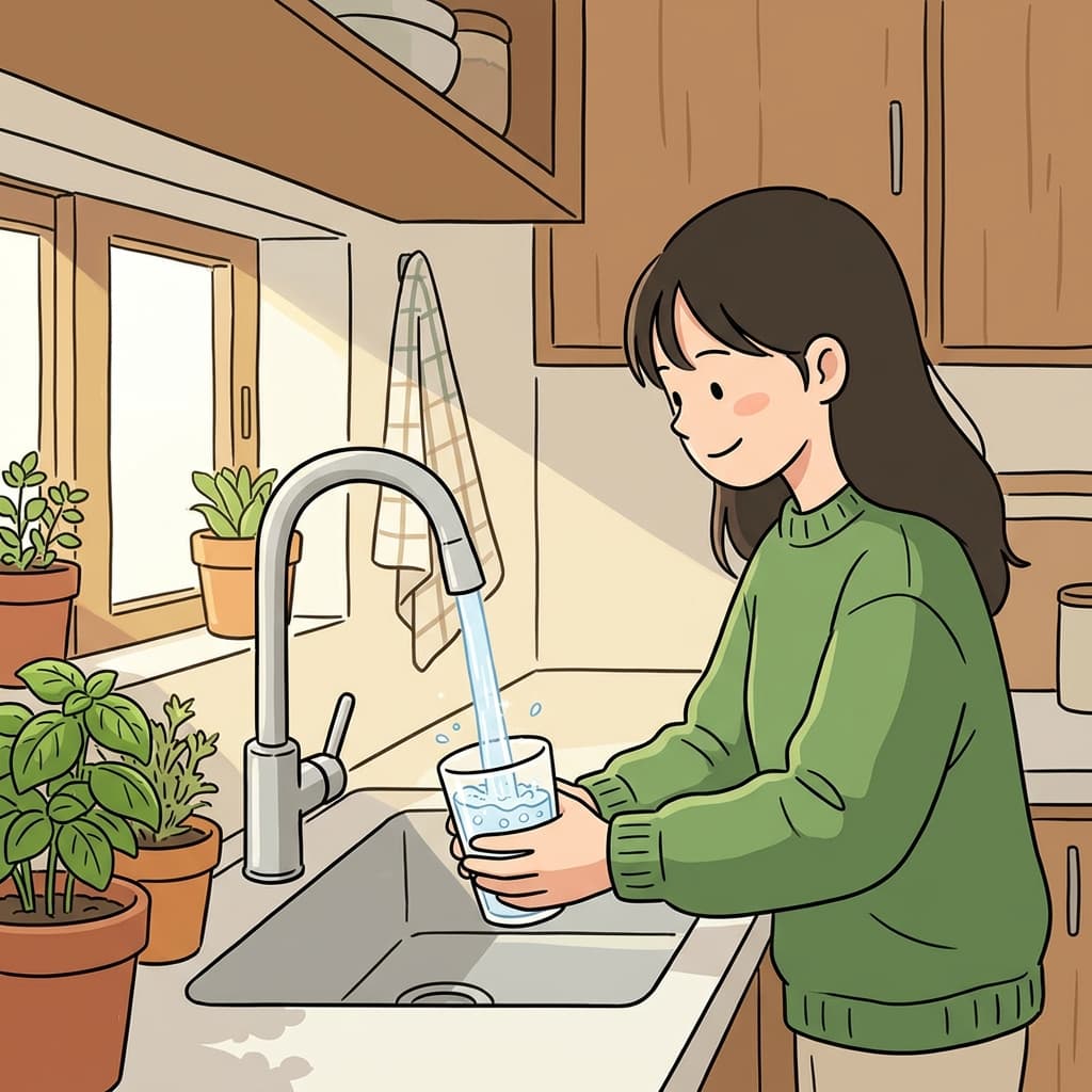 She fills her glass straight from the tap water at the kitchen sink.
