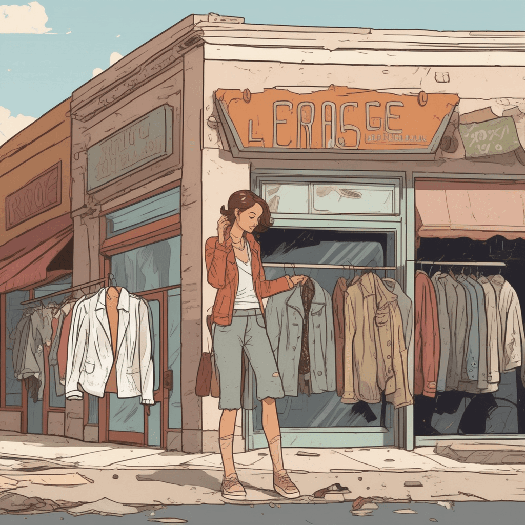 a young woman holds up a faded jacket with frayed sleeves and missing buttons. She examines the torn fabric and loose threads hanging from the worn-out garment. The jacket shows clear signs of heavy use with stains and patches of different colors. Next to her, a shop owner shrugs apologetically while pointing to other similarly deteriorated clothes on display. Other customers nearby shake their heads at the poor condition of the merchandise. clothing that is worn and shabby, in very poor condition