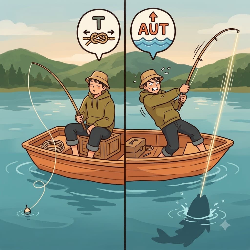 T(tight) + AUT(out) — pulling the fishing line T(tight) and completely AUT(out) of the water, the fisherman kept it perfectly taut.