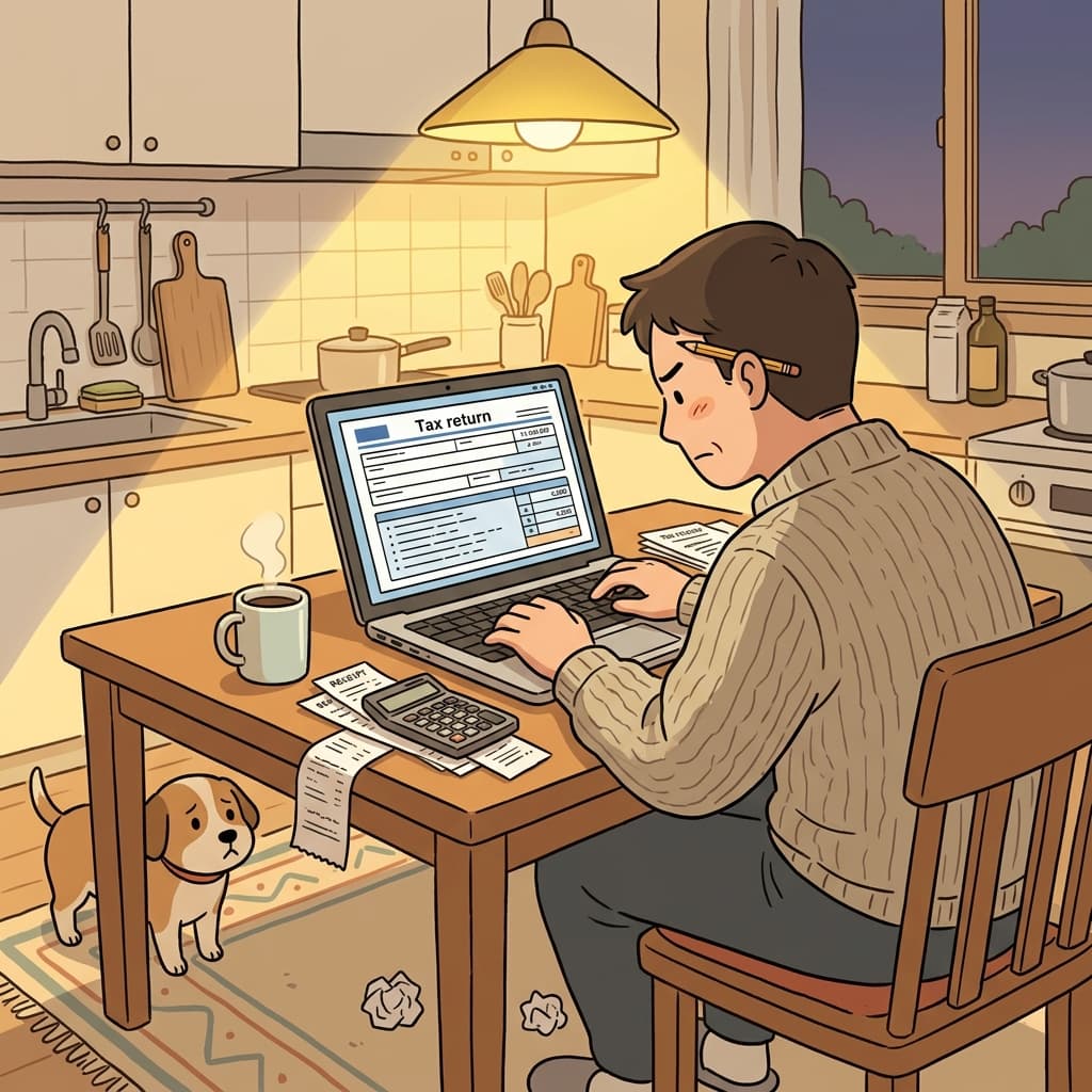 He files his tax return at the kitchen table, receipts everywhere.