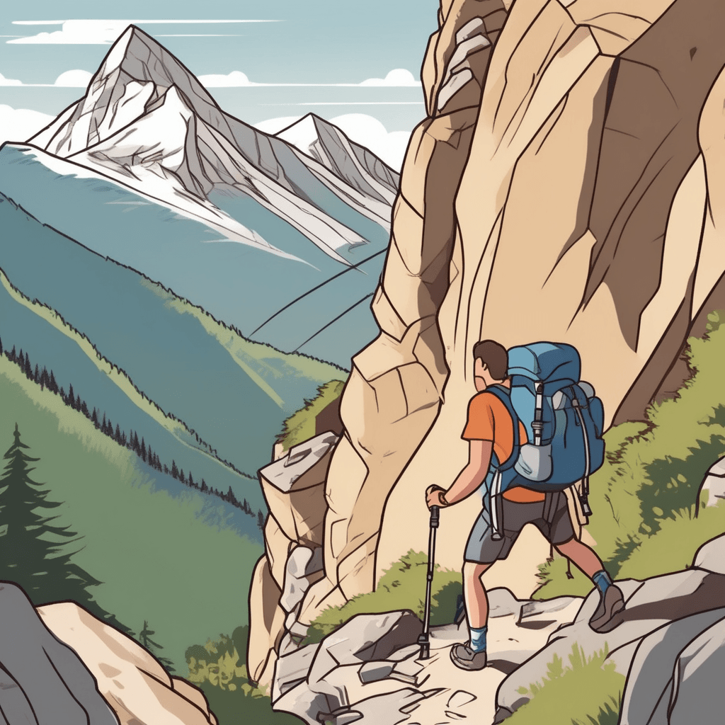 a hiker carries an enormous backpack while climbing up a steep rocky mountain trail, sweat dripping from their forehead. Their legs shake with effort as they grip hiking poles tightly, breathing heavily with each difficult step. The rocky terrain becomes steeper and more challenging ahead, making each movement require maximum effort. What started as an energetic morning hike has turned into an exhausting climb that tests every muscle. A fellow hiker behind them also struggles with the demanding ascent, wiping sweat and taking frequent breaks. The mountain guide ahead points toward an even steeper section coming up. the physically and mentally demanding nature of the challenging climb