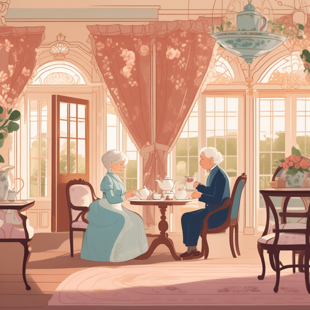 an elderly grandmother carefully lifts a delicate porcelain cup with floral patterns to her lips for a gentle sip. Her granddaughter sits across the small round table, holding her own matching cup with both small hands. Steam rises gracefully from both of their cups as they enjoy their afternoon tea together. The grandmother's cup sits perfectly in its matching saucer between sips, showing the fine china's elegant design. Other patrons in the background also hold similar delicate cups, creating a peaceful tea time atmosphere. small cups specifically designed for drinking tea, typically made of fine china or porcelain