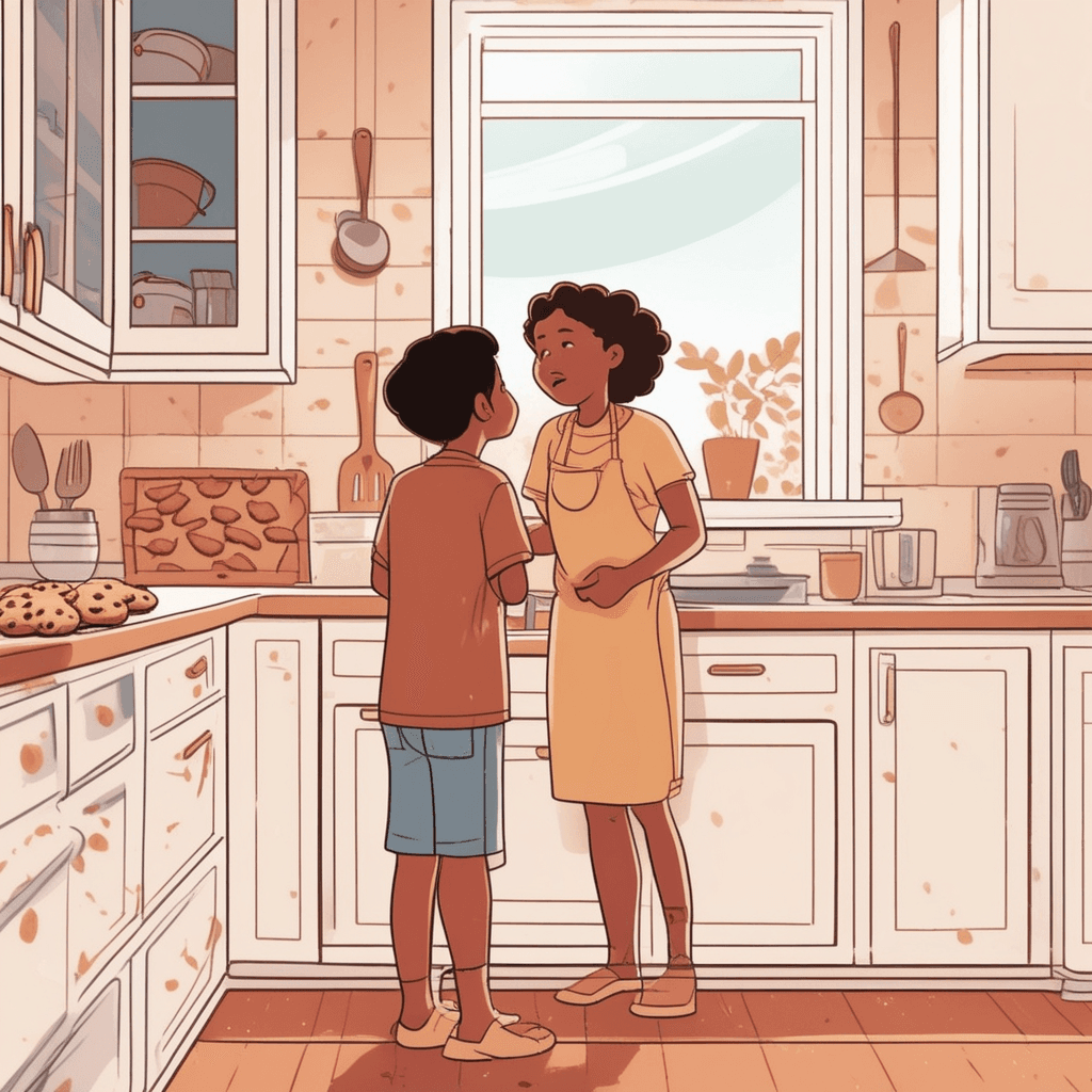 a young child stands near the kitchen counter with chocolate crumbs around their mouth and on their shirt. The child tries to look innocent while hiding their hands behind their back. A plate of freshly baked chocolate chip cookies sits on the counter with one cookie clearly missing. Chocolate fingerprints are visible on the white countertop leading away from the plate. The mother approaches with raised eyebrows, following the obvious trail of evidence. The child's chocolate-covered face and the crumb trail make their secret cookie theft impossible to hide. how physical evidence reveals something that was supposed to be secret