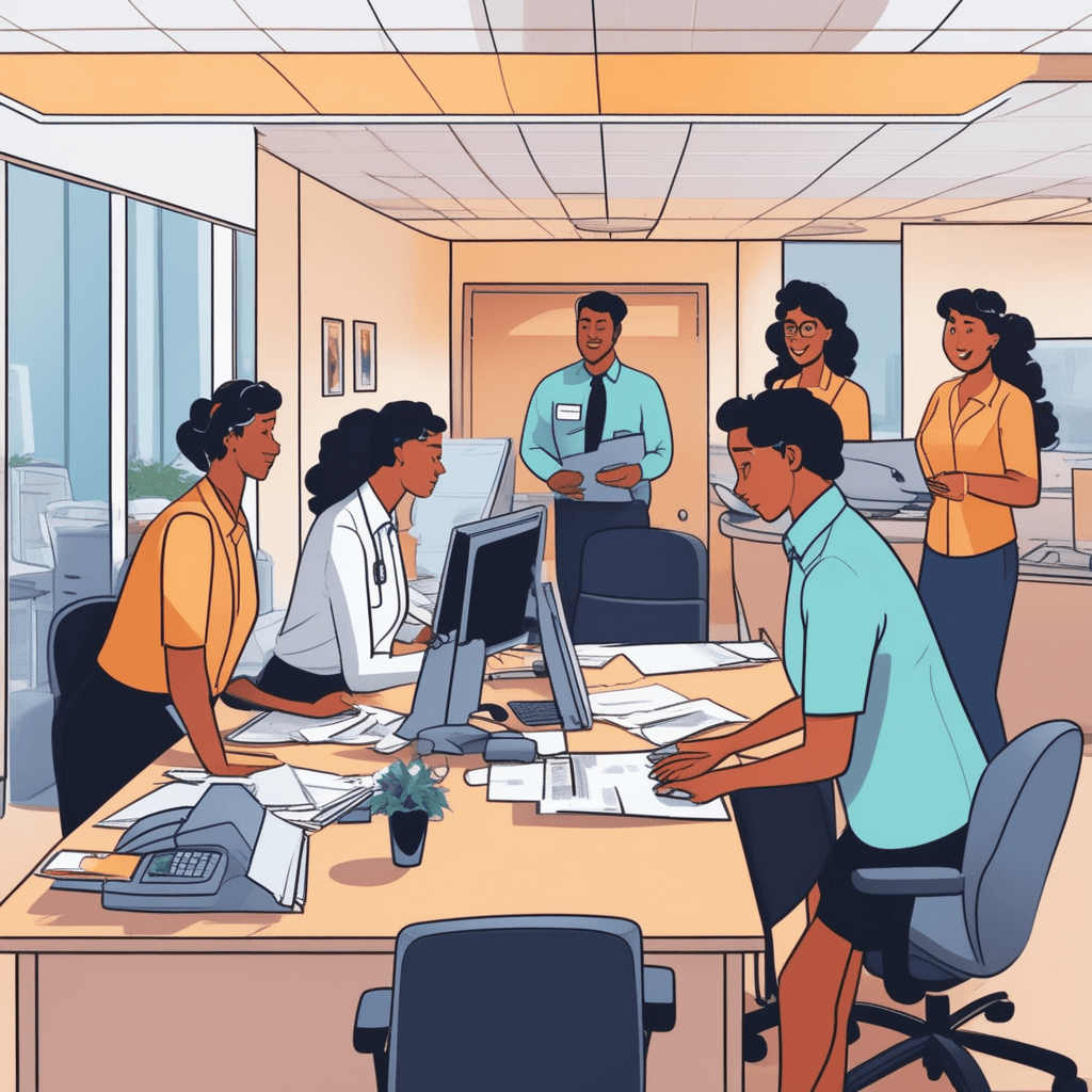 a friendly agency representative sits at a desk reviewing resumes and matching workers to job assignments. She holds up different colored folders while pointing to various workers sitting nearby. Each worker receives their specific job placement folder containing their temporary assignment details. The workers then stand up and head toward different exit doors leading to their new workplaces. Other people wait in chairs nearby while the representative continues organizing more job placements. a company that provides temporary workers to other businesses