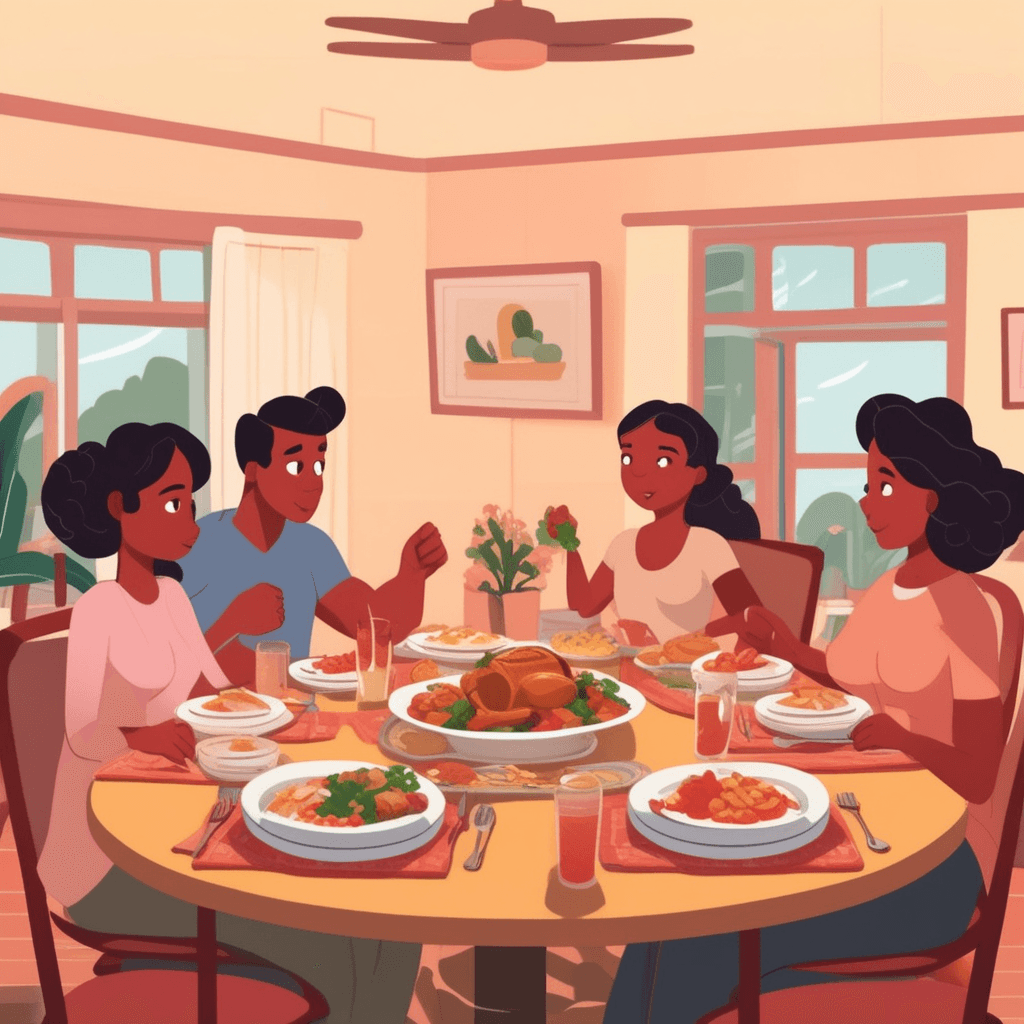a person sits at a dinner table carefully portioning small amounts of delicious food onto their plate. They deliberately take modest servings despite having access to abundant dishes spread across the table. The person pauses thoughtfully before each serving, showing conscious decision-making about how much to take. Their restrained portions contrast with the generous feast available to them. Family members around the table nod approvingly at the measured approach to the meal. The person's calm, controlled demeanor shows satisfaction with their moderate choices. someone acting temperately with self-restraint and moderation