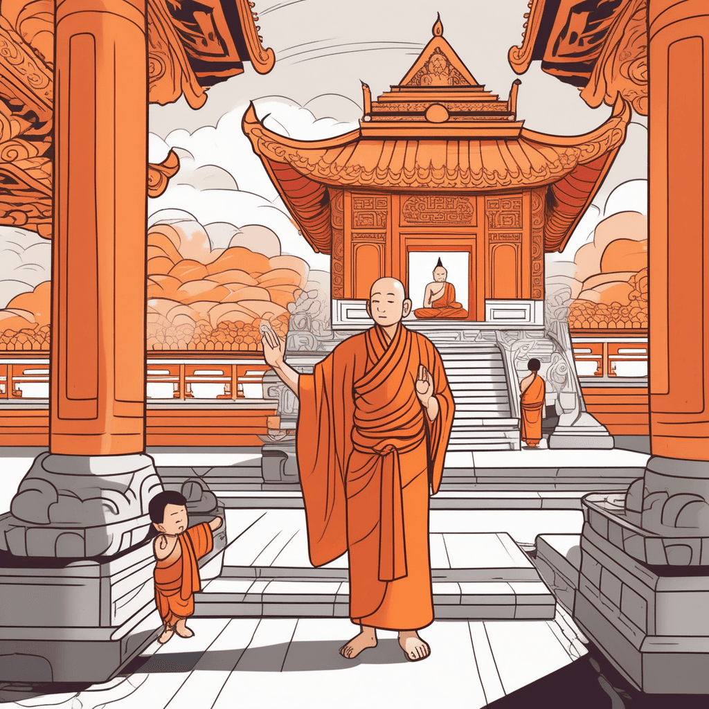 a monk in orange robes bows respectfully before entering the ornate temple building. He carries incense sticks and moves with reverent care toward the decorated entrance. The temple's traditional architecture with curved roofs and carved pillars creates a sacred atmosphere. Other pilgrims kneel on prayer mats nearby, hands pressed together in worship. Gentle smoke from burning incense drifts upward as visitors pay their respects to the divine. a building devoted to the worship of a god or gods