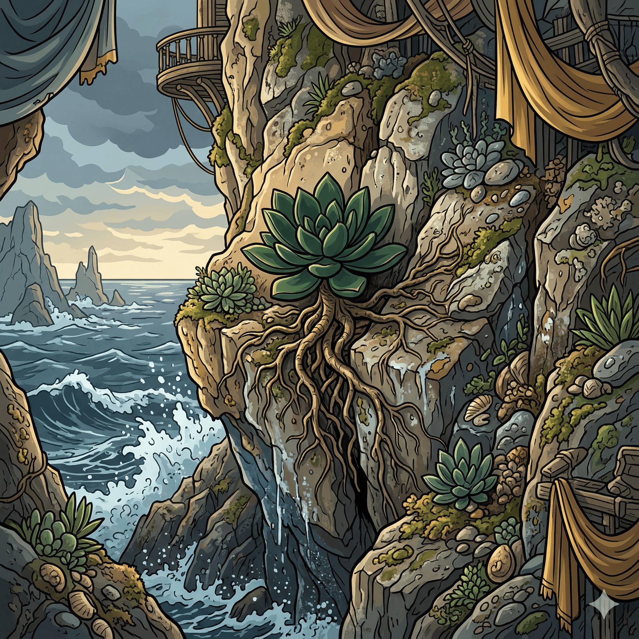 A small, vibrant plant clings with tenacious roots to a craggy, weather-beaten coastal rock face.