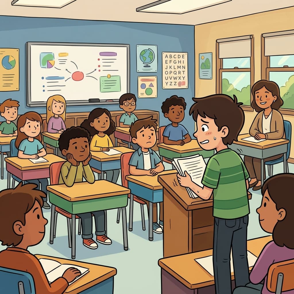 The student stood tensely before giving a speech to the class. (IN A TENSE WAY → acting in a tense way)