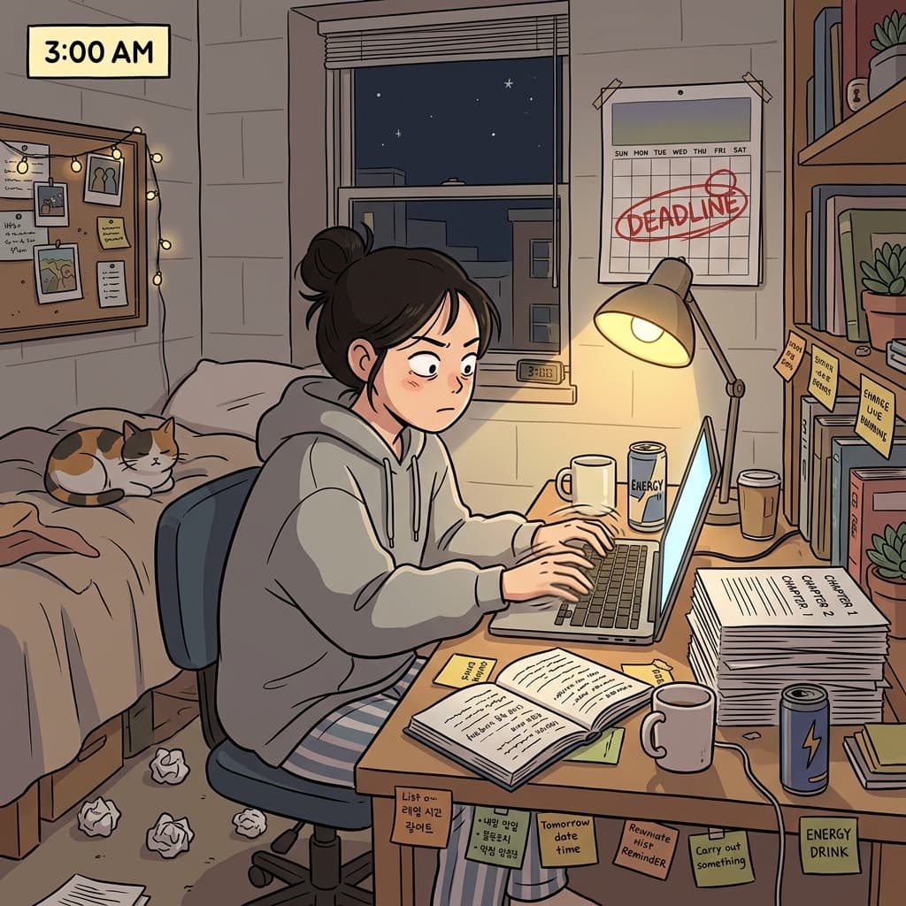 She stayed up all night finishing her term paper before the deadline.