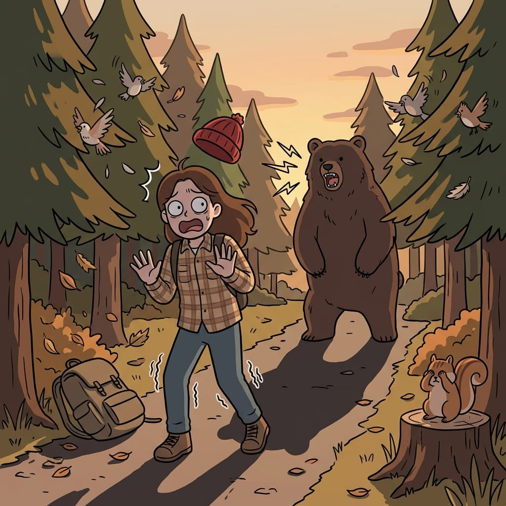 The hiker stood terrified as a massive bear emerged from the dark forest.