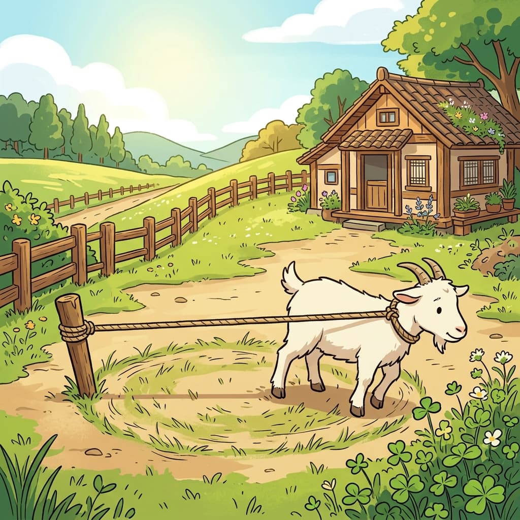 The goat's tether keeps it grazing safely near the farmer's cottage.