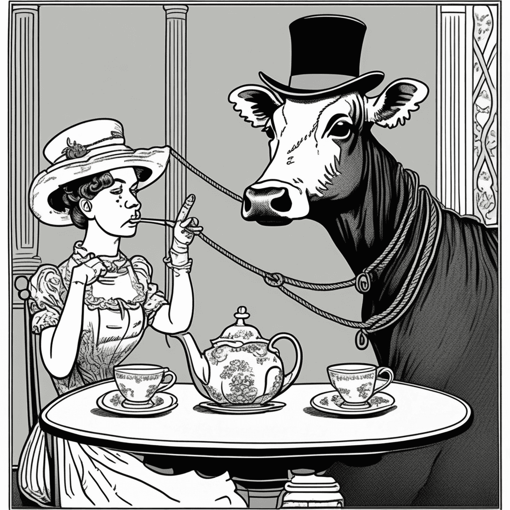 Tea her! Cow tethered to tea table, can't escape the rope!